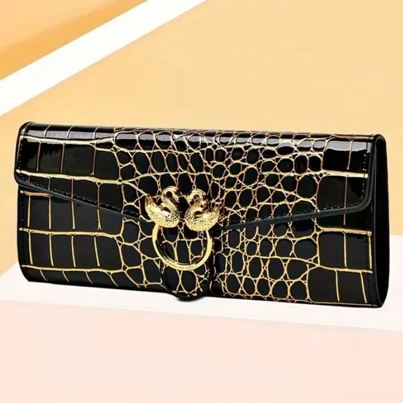 Elegant Black Women’s Crocodile Wallet with Gold Embossed Detail and Swan NWT - Picture 3 of 9